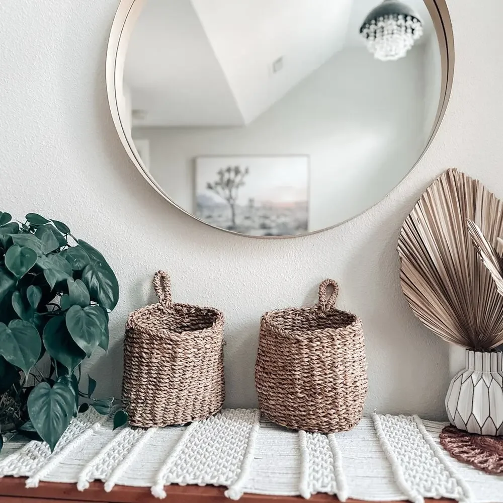 2 Magnolia Farmhouse Hanging jute woven seagrass boho wall baskets Joanna Gaines